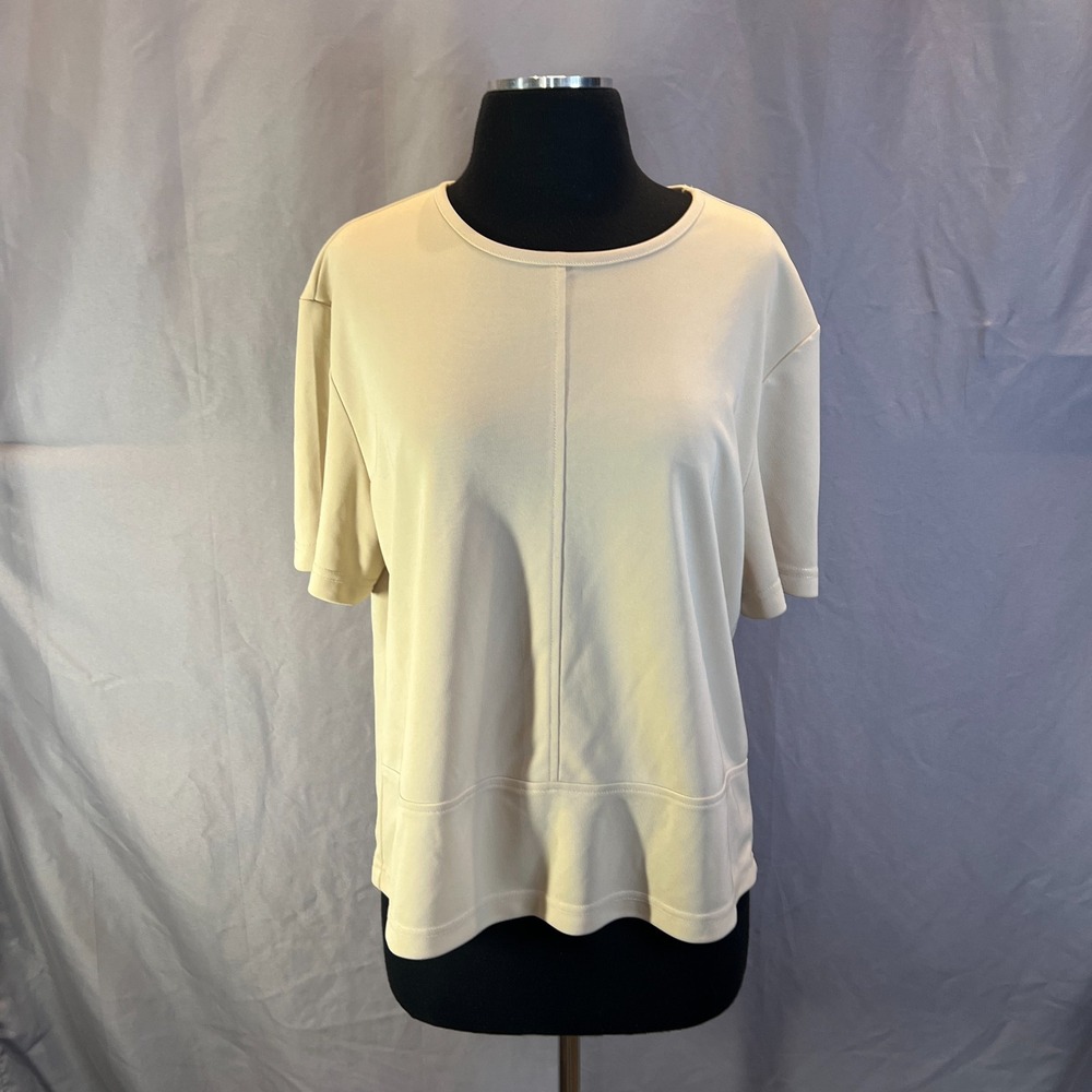 Jacqueline Riu Short Sleeve Top Women XL Beige Horizontal Band Detail Minimalist